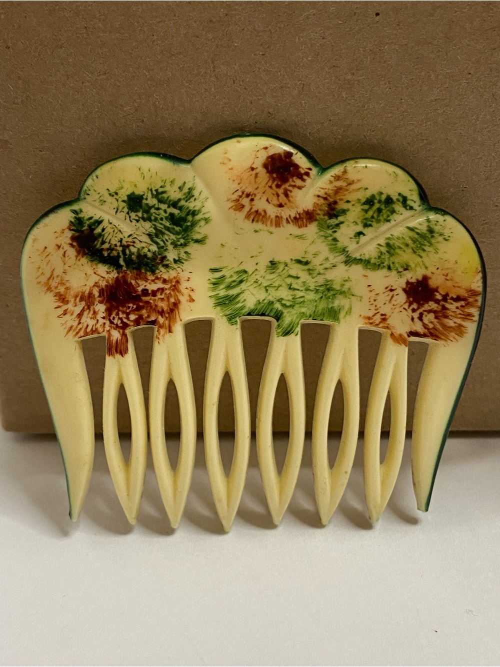 Vintage Hair Comb Mantilla Style Celluloid Floral Hand Painted Made In France